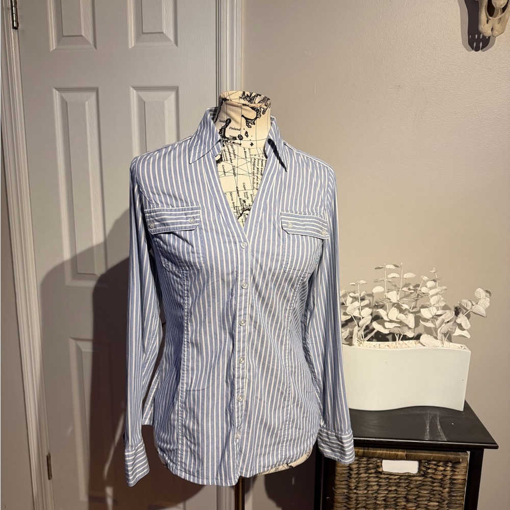🎯Express Tailored Y2K Cotton Vintage Striped Button Shirt Work preppy blue M